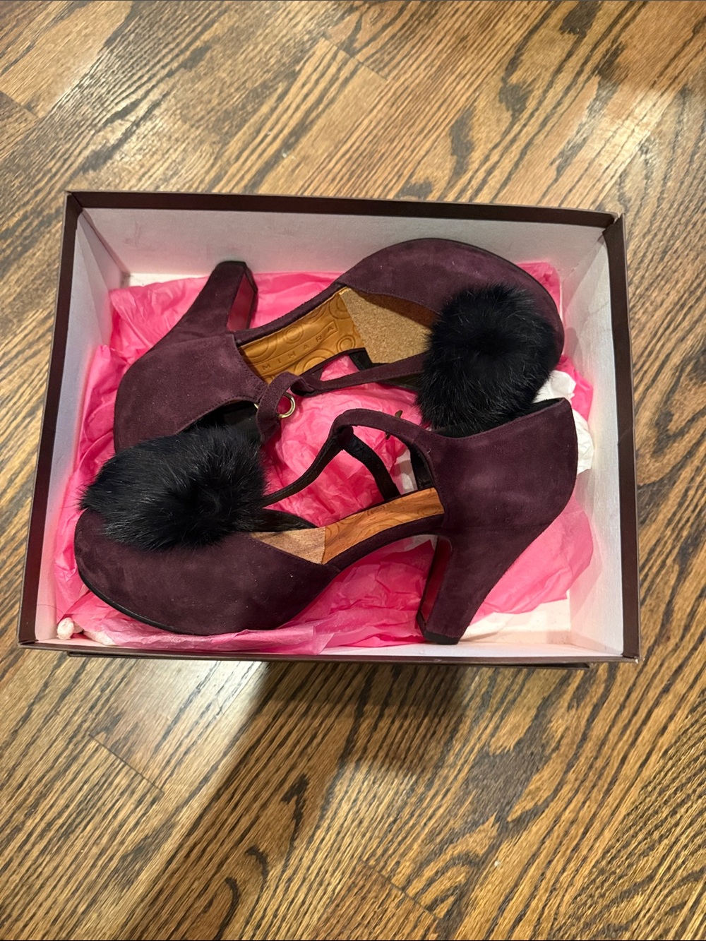 Chie Mihara Plum Suede Heels with Black Pom-Pom